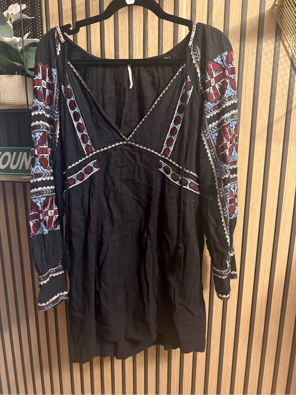 Free People All my life mini  Dress XS Black Boho Embroidery Pullover Pockets - Picture 3 of 7